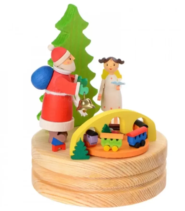 Boite A Musique En Bois, Père Noël Et Ange Blanc