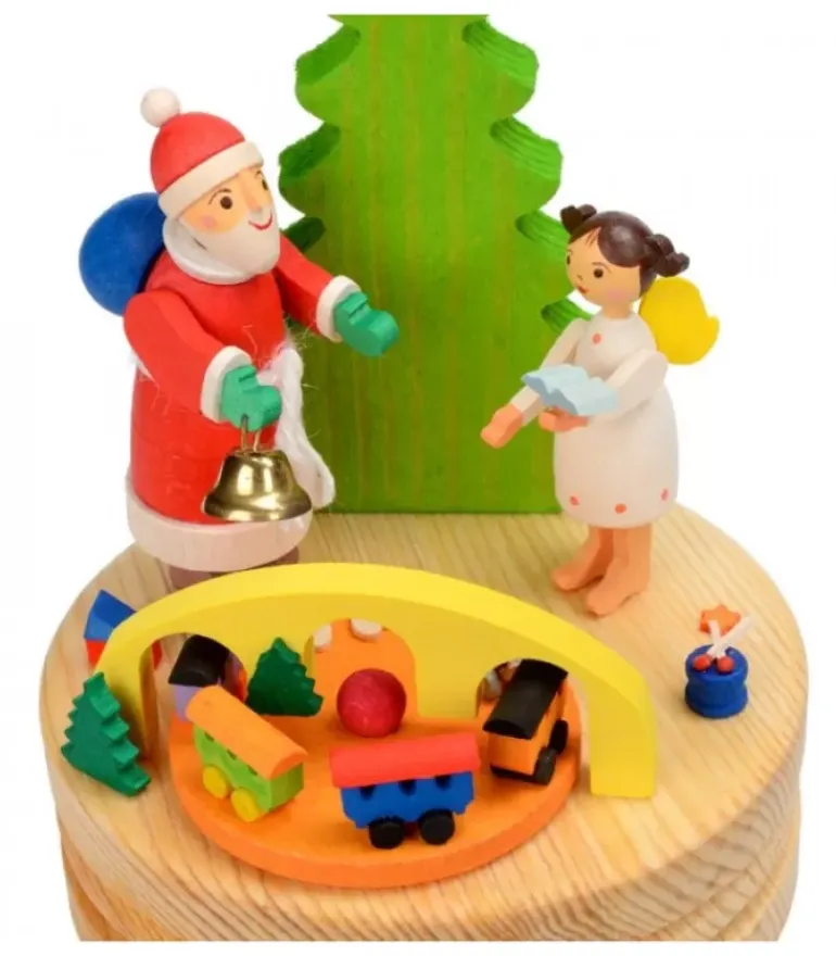 Boite A Musique En Bois, Père Noël Et Ange Blanc