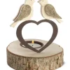 Bougeoir En Bois, 2 Oiseaux Sur Un Coeur, 13 Cm