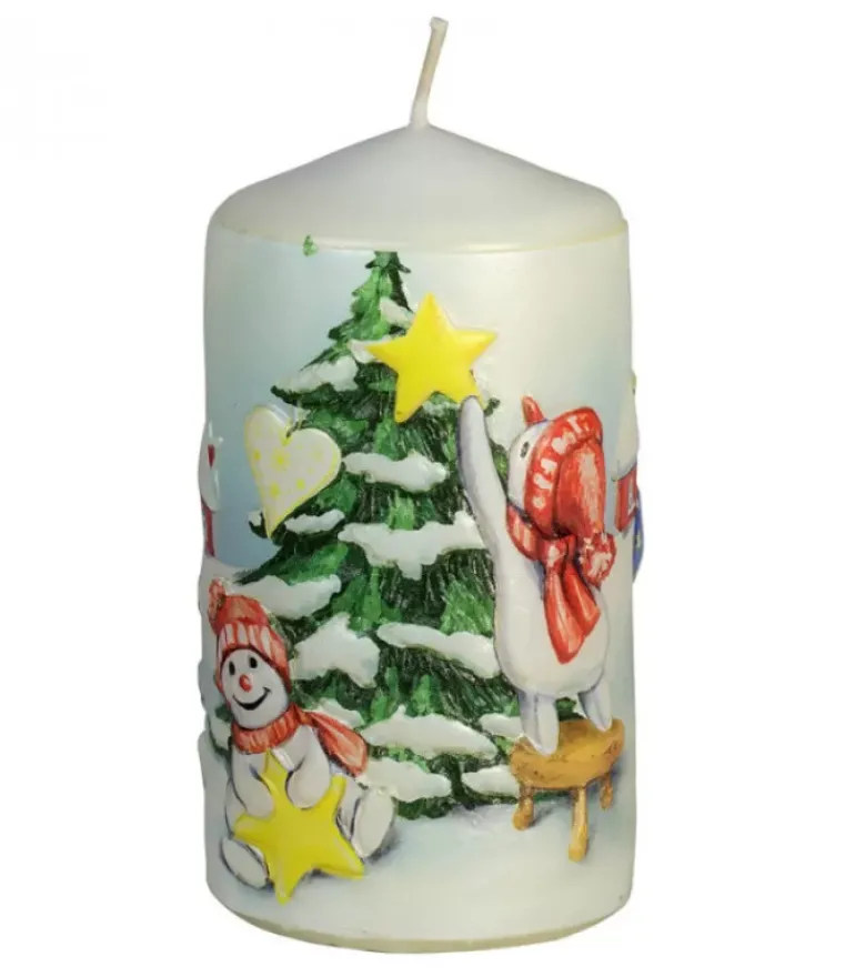 Bougie Décorative De Noël, Motif Vintage Bonhommes De Neige Et Sapin