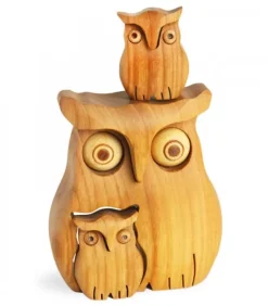 Chouette En Bois Poli Avec Deux Enfants, 8 Cm