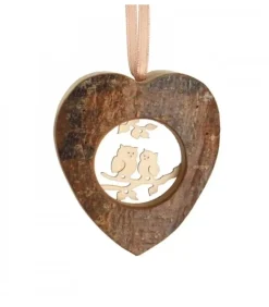 Coeur En Bois A Suspendre Motif Cisele Hiboux, 6 Cm