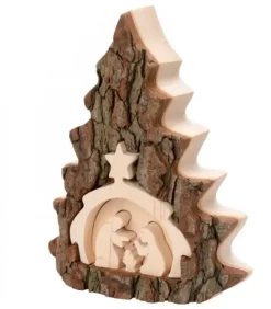 Crèche De Noël 16 Cm, Taillee Dans Une Ecorce De Bois En Forme De Sapin