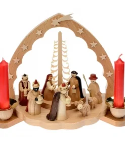 Crèche De Noël En Bois Avec Bougeoir 18 Cm