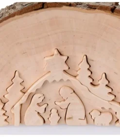Crèche De Noël En Relief, Taillee Dans Un Rondin De Bois, 12 Cm