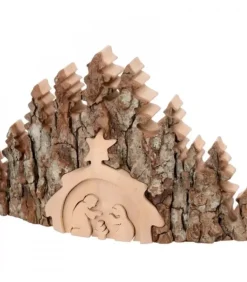 Crèche De Noël Taillee Dans Une Ecorce De Bois, Motif Etable, 20 Cm