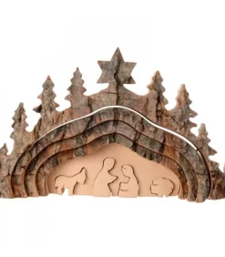 Crèche De Noël Taillee Dans Une Ecorce De Bois, Motif Grotte, 20 Cm