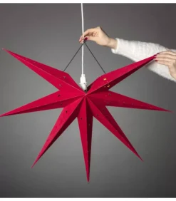 Etoile Lumineuse 7 Branches En Papier Velours Rouge A Suspendre, 60 Cm