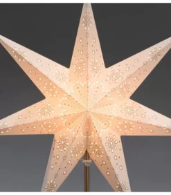Etoile Lumineuse Electrique 7 Branches En Papier, Blanche, Sur Pied Laiton, 48 Cm