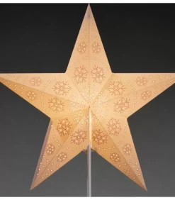 Etoile Lumineuse Electrique 5 Branches En Papier, Blanche, Sur Pied Blanc, 46 Cm