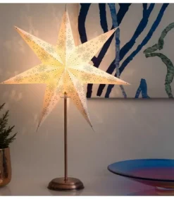 Etoile Lumineuse Electrique 7 Branches En Papier, Blanche, Sur Pied Cuivre 48 Cm
