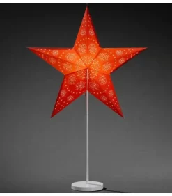 Etoile Lumineuse Electrique 5 Branches En Papier, Rouge, Sur Pied Blanc, 46 Cm