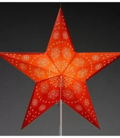 Etoile Lumineuse Electrique 5 Branches En Papier, Rouge, Sur Pied Blanc, 46 Cm