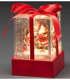 Lanterne À Neige "Cadeau De Noël" Avec Père Noël & Bonhomme De Neige