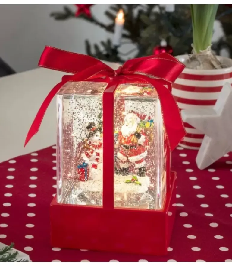 Lanterne À Neige "Cadeau De Noël" Avec Père Noël & Bonhomme De Neige