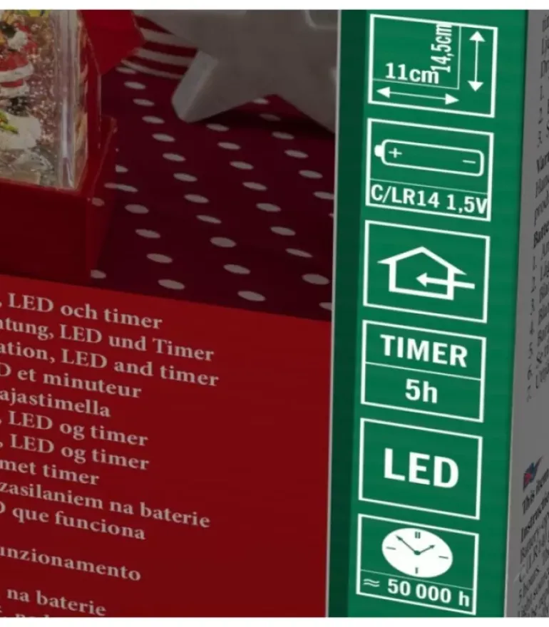 Lanterne À Neige "Cadeau De Noël" Avec Père Noël & Bonhomme De Neige