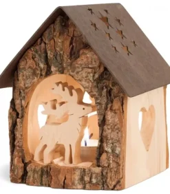 Lanterne Photophore En Bois Avec Cerf, 14 Cm