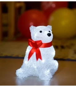 Ours Lumineux A Led En Acrylique Avec Ruban Rouge, 18 Cm