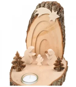 Petite Crèche De Noël En Ecorce De Bois Avec Sapins Et Bougeoir