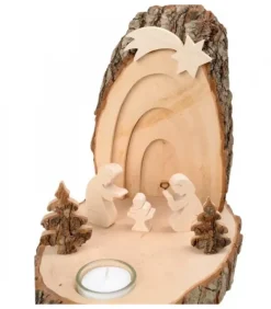 Petite Crèche De Noël En Ecorce De Bois Avec Sapins Et Bougeoir