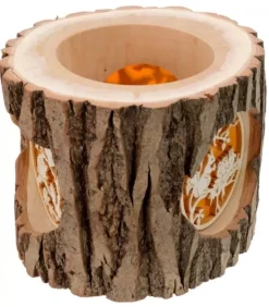 Photophore En Rondin De Bois, Avec 3 Motifs, Ecureuil, Chat Et Oiseaux