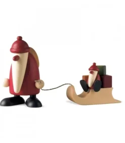 Père Noël En Bois Et Enfant Sur Luge