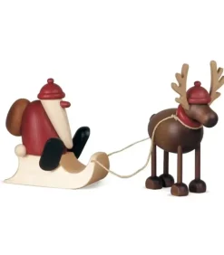 Père Noël En Bois Sur Luge Et Renne