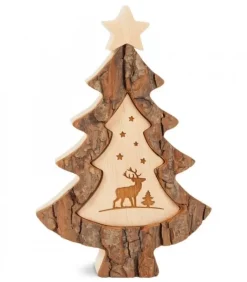 Sapin De Noël En Bois Avec Gravure Cerf, 15 Cm